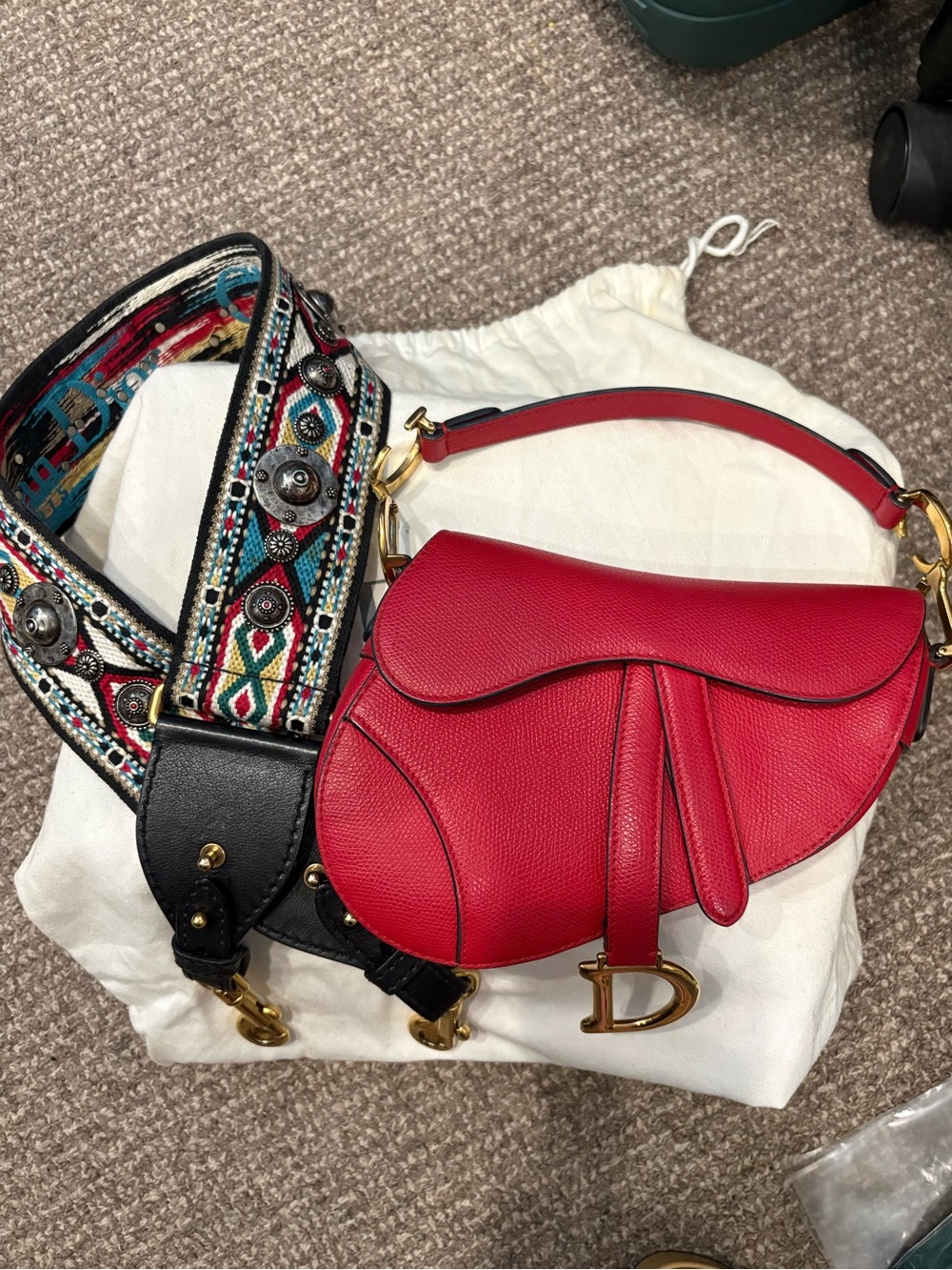 Dior Red Mini Saddle Bag with Aztec Embroidered Guitar Strap - EUC w CoA! - Picture 2 of 16